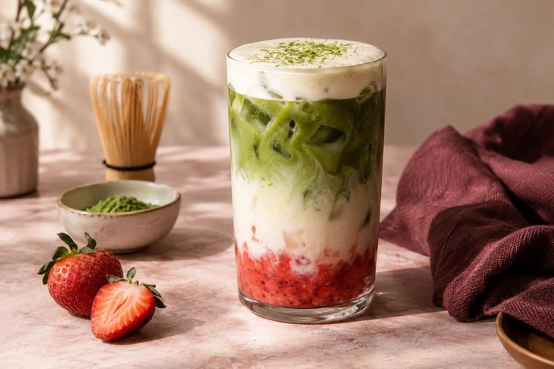 Matcha fraise latte : recette glacée et mousse vanille Onea Latte